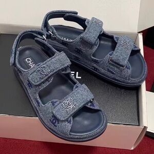 CHANEL Denim Navy Double-Strap Logo Sandals